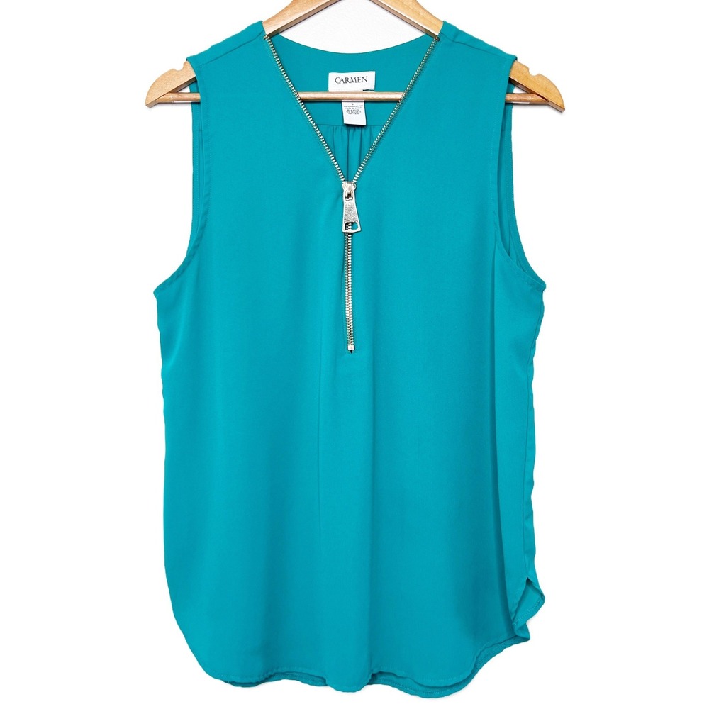 Carmen Marc Valvo Teal Sleeveless Half-Zip V-Neck Womens Blouse Top Size‎ Large - Picture 2 of 8